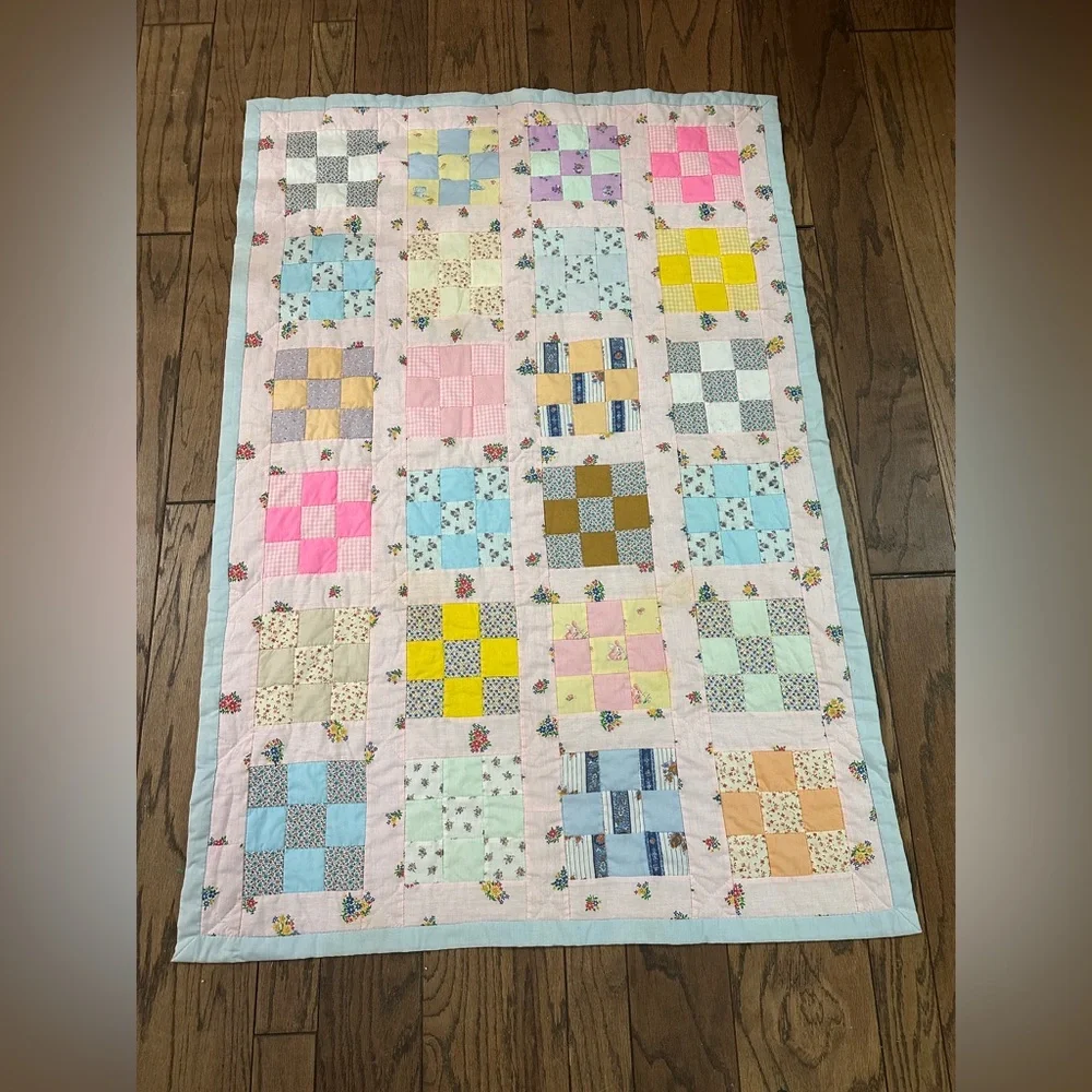 Handmade 9 Patch Pattern Baby Girl Quilt 36.6x52.5” Floral Bunnies Rooster